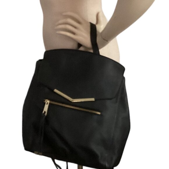 Black Backpack Purse Pebbled Vegan PU Faux Leather Lightweight Gold Accents 154A - Picture 3 of 10